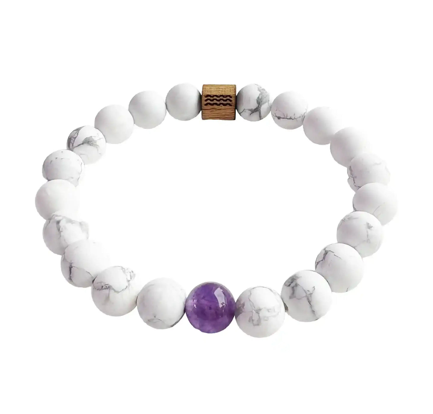 bracelet de perles blanche avec une perle mauve au centre